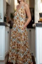 Ladies Maxi Pleated Pocket Dress - Mustard Floral - StylePhase SA