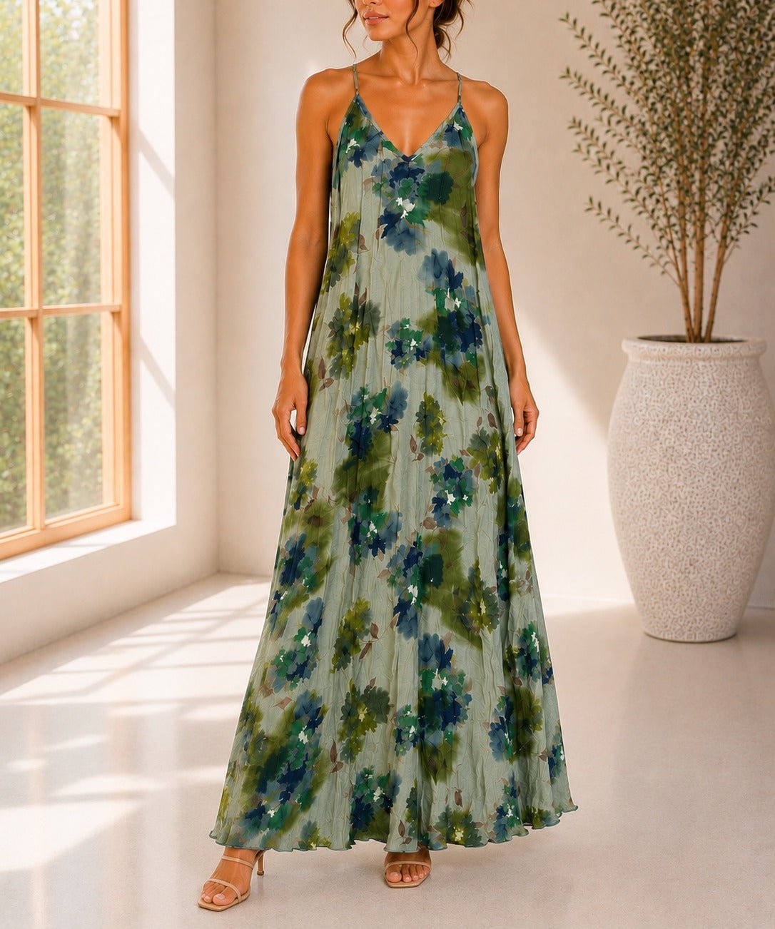 Ladies Maxi Pleated Pocket Dress-Olive Floral - StylePhase SA