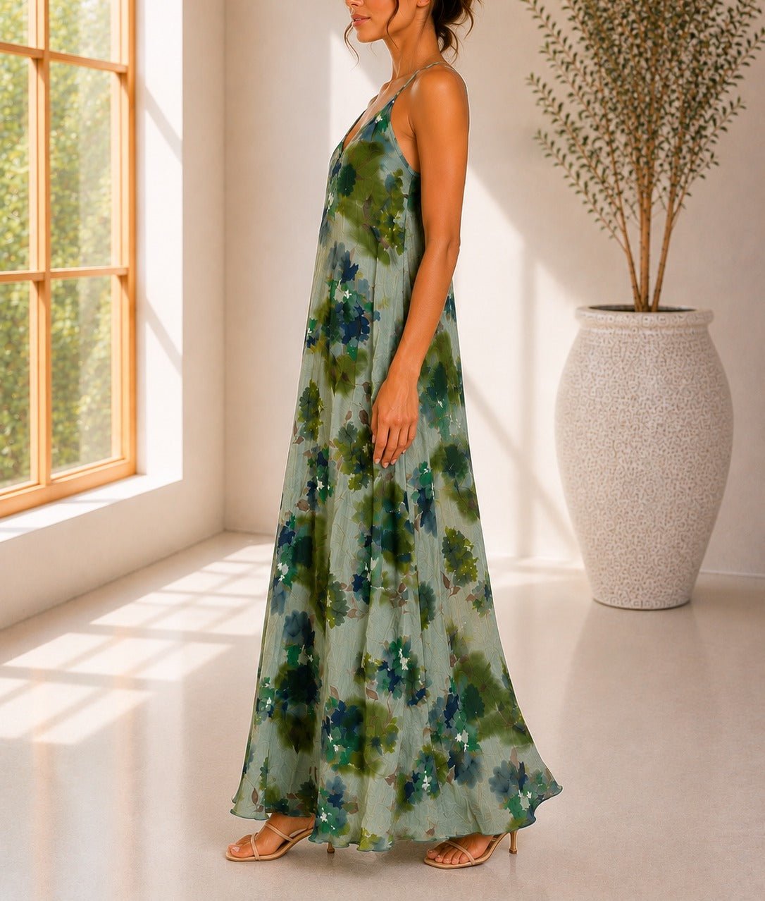 Ladies Maxi Pleated Pocket Dress-Olive Floral - StylePhase SA