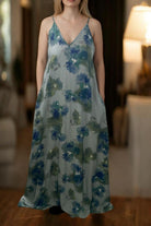 Ladies Maxi Pleated Pocket Dress - Olive Floral - StylePhase SA