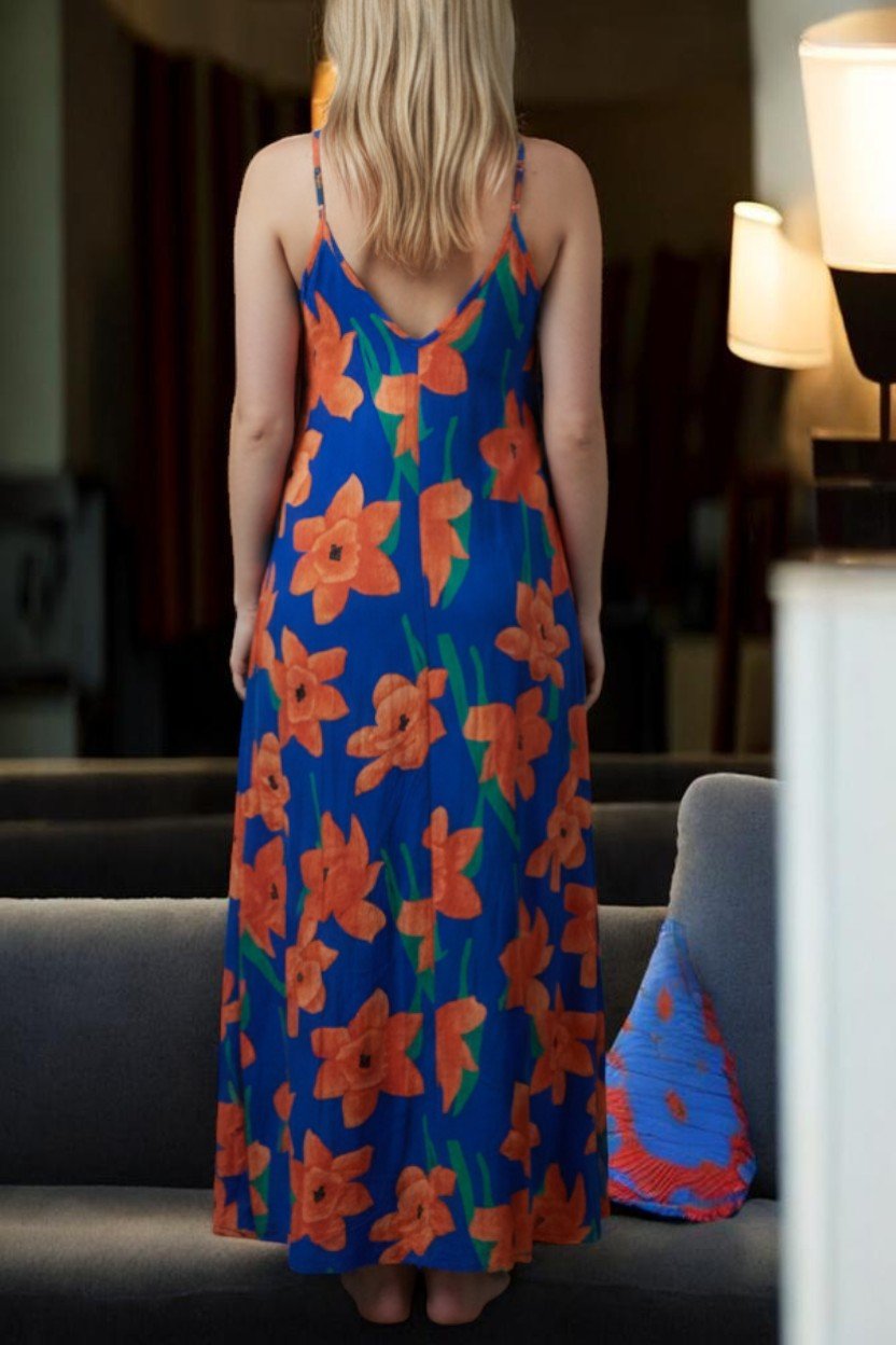 Ladies Maxi Pleated Pocket Dress - Orange And Royal - StylePhase SA