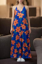 Ladies Maxi Pleated Pocket Dress - Orange And Royal - StylePhase SA