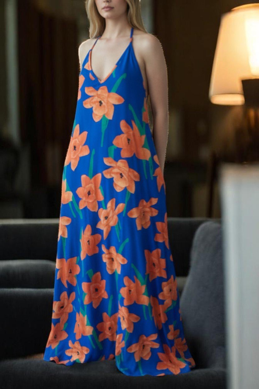 Ladies Maxi Pleated Pocket Dress - Orange And Royal - StylePhase SA