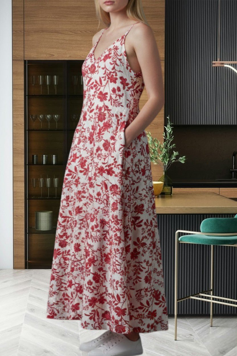 Ladies Maxi Pleated Pocket Dress - Red Floral - StylePhase SA