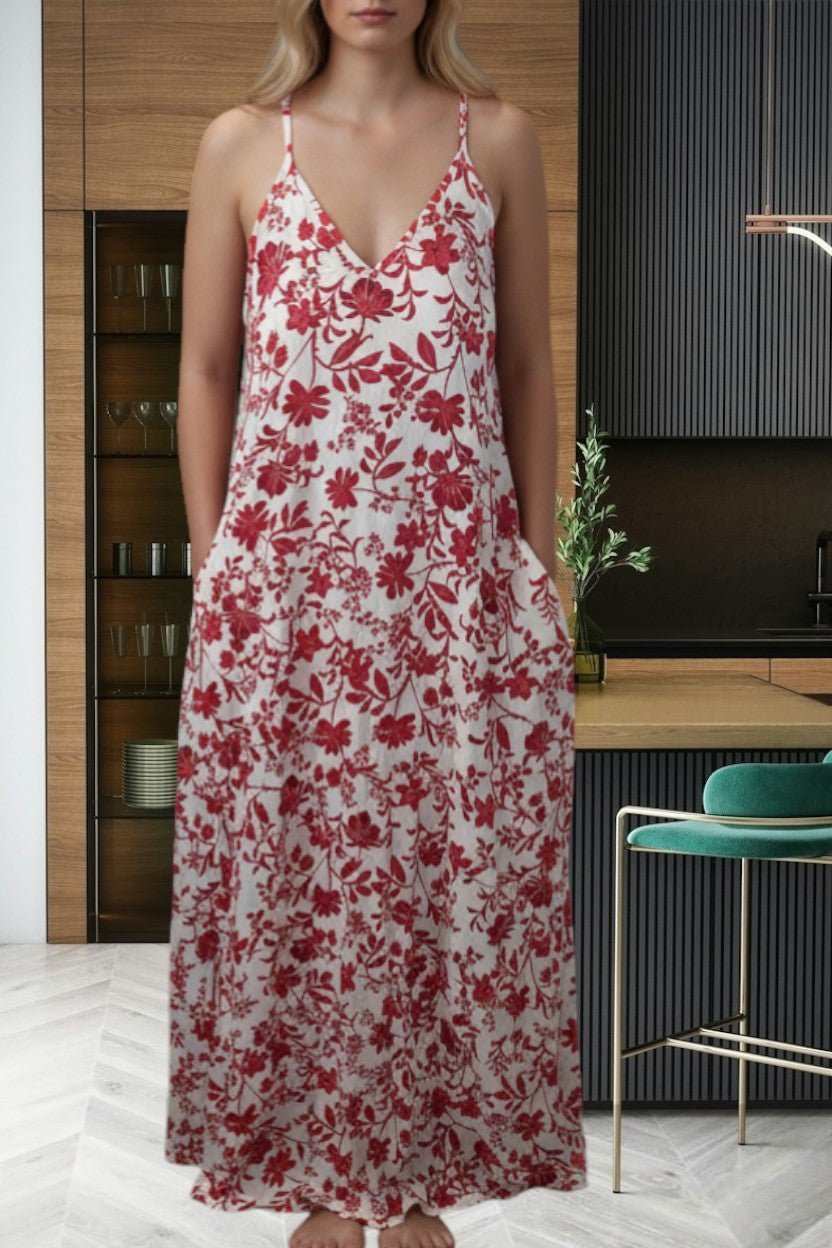 Ladies Maxi Pleated Pocket Dress - Red Floral - StylePhase SA