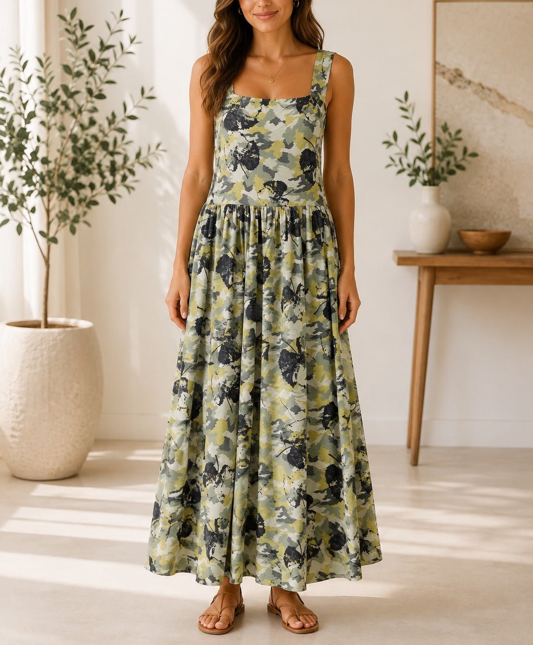 Ladies Maxi Pocket Dress-Green And Olive - StylePhase SA