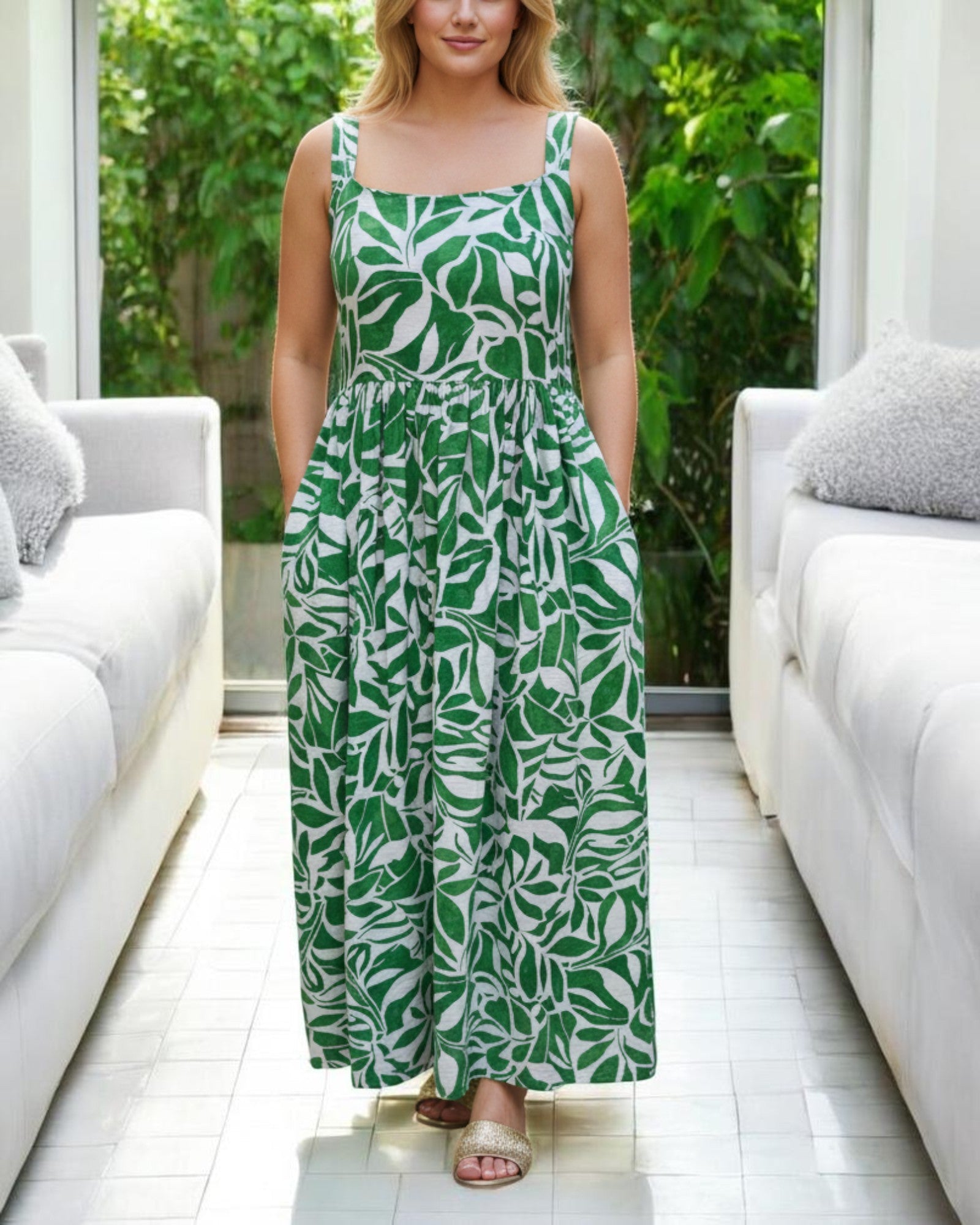 Ladies Maxi Pocket Dress - Green Printed - StylePhase SA
