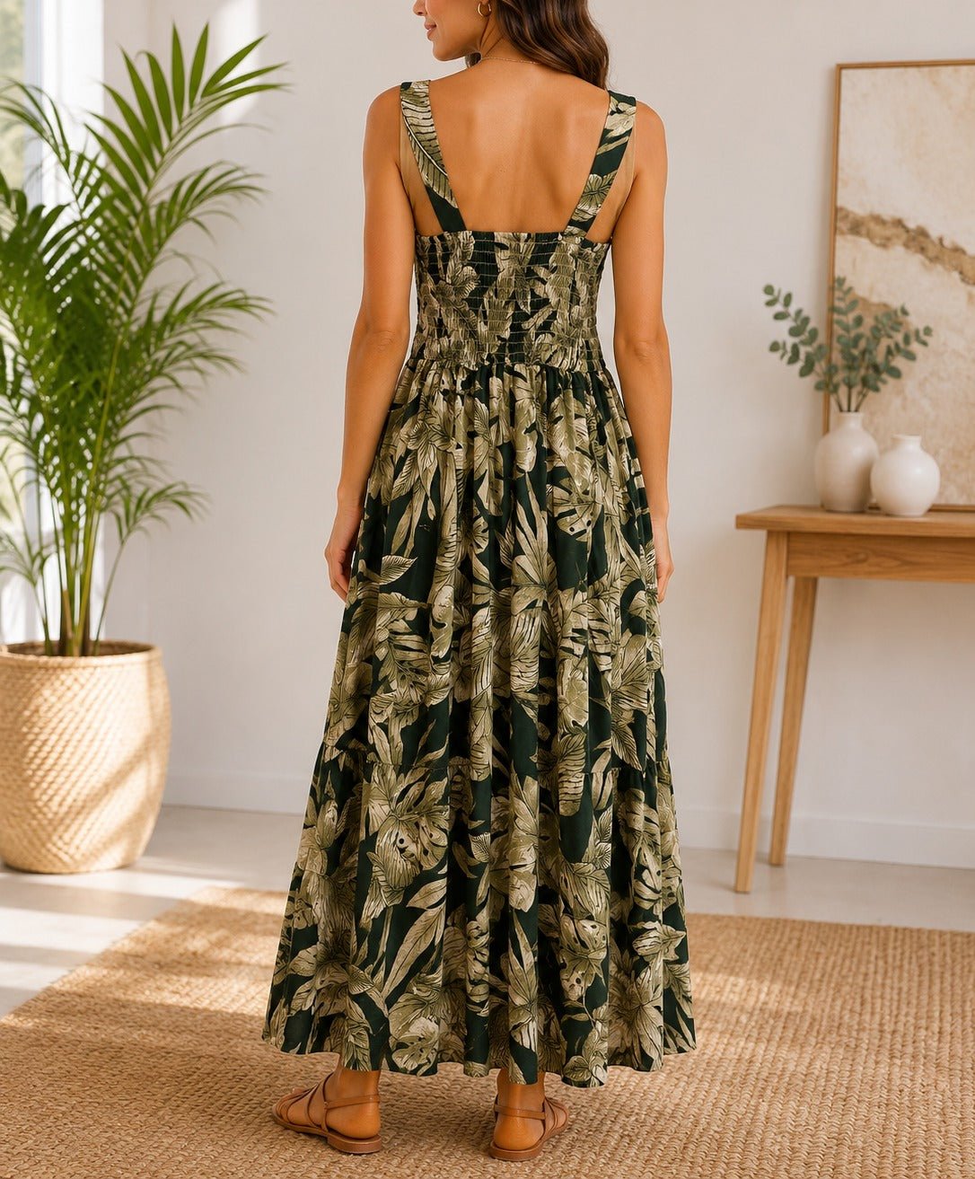 Ladies Maxi Pocket Dress-Olive Leaves - StylePhase SA