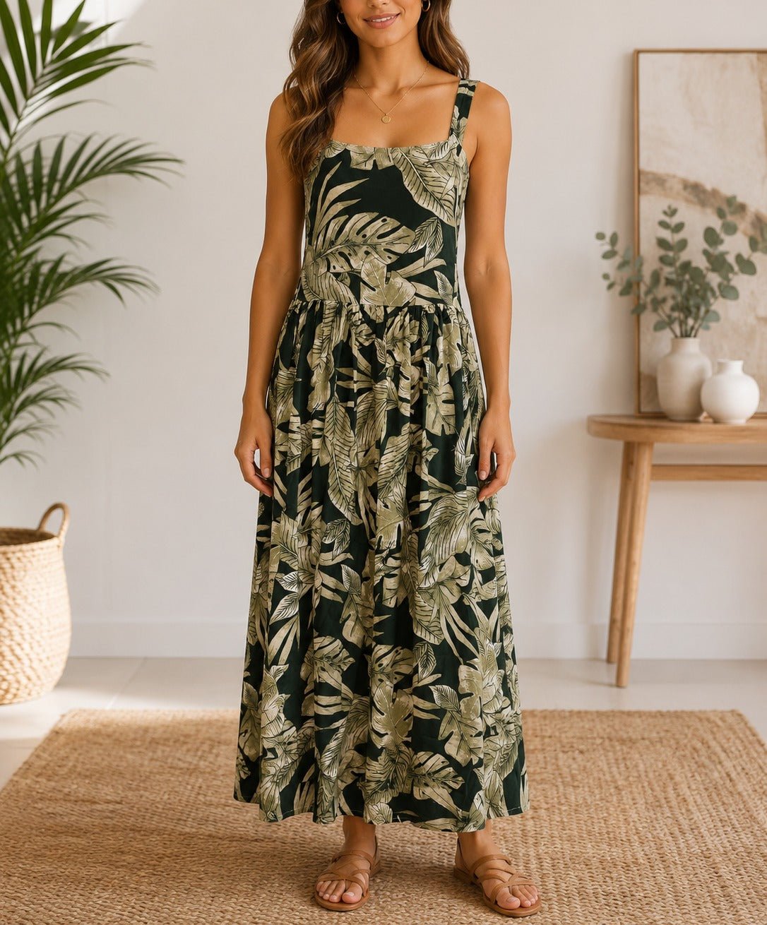 Ladies Maxi Pocket Dress-Olive Leaves - StylePhase SA