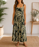 Ladies Maxi Pocket Dress-Olive Leaves - StylePhase SA