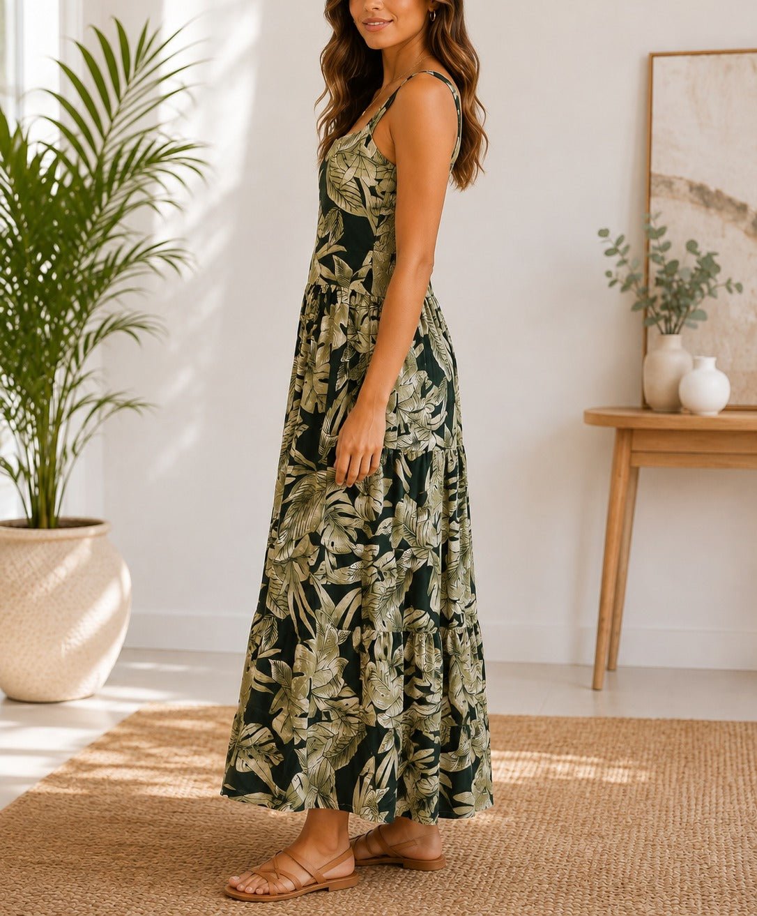 Ladies Maxi Pocket Dress-Olive Leaves - StylePhase SA