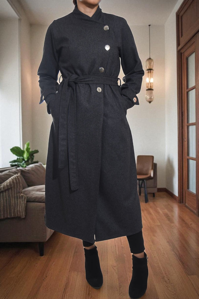 Ladies Melton Charcoal Side Button Coat - StylePhase SA