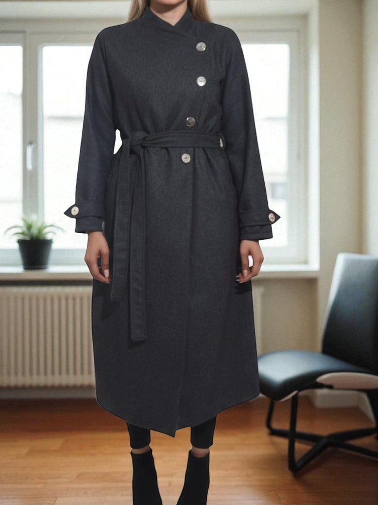 Ladies Melton Charcoal Side Button Coat - StylePhase SA