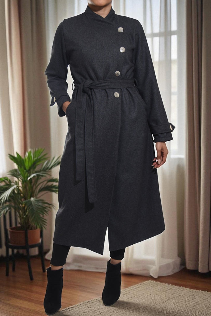 Ladies Melton Charcoal Side Button Coat - StylePhase SA