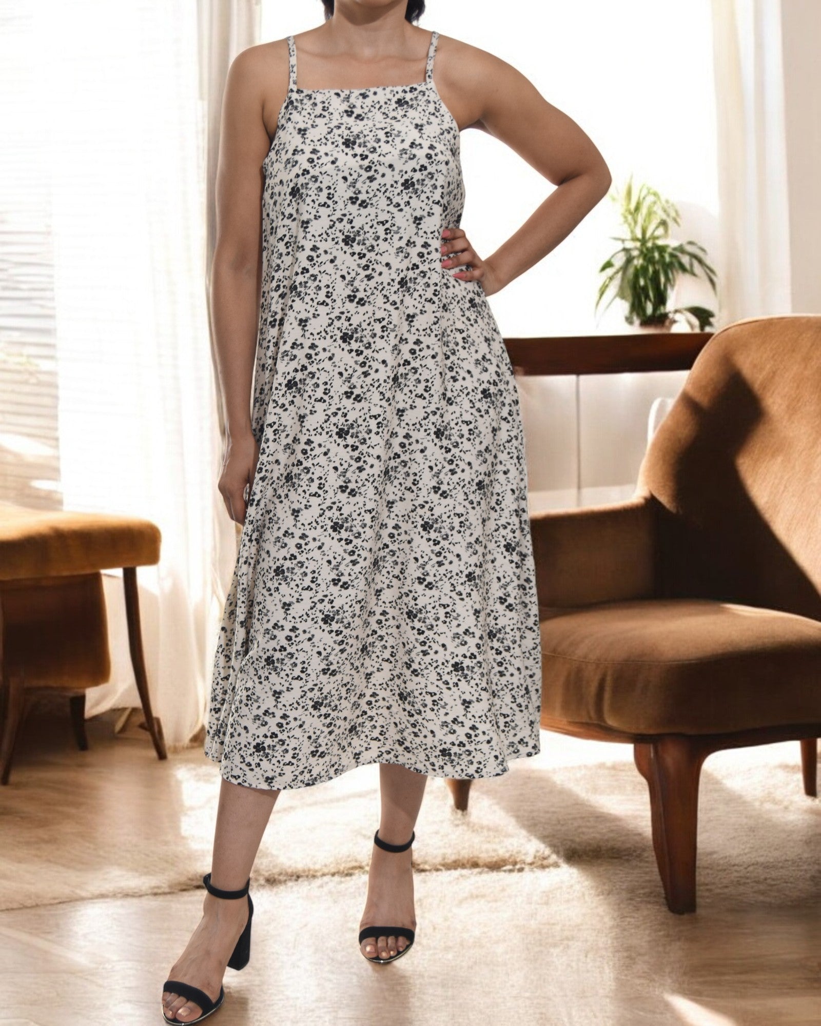 Ladies Midi Pocket Dress - Black And Cream Floral - StylePhase SA