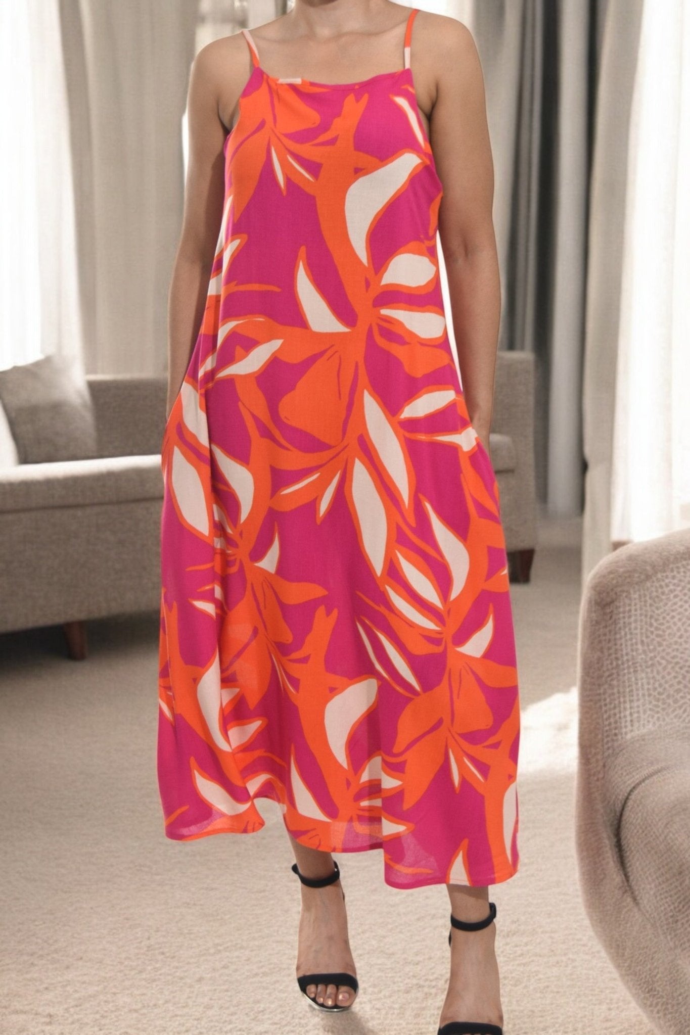 Ladies Midi Pocket Dress - Cerise Floral - StylePhase SA