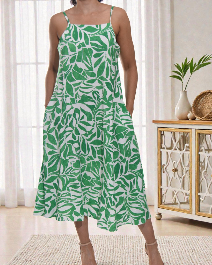 Ladies Midi Pocket Dress - Green And White - StylePhase SA