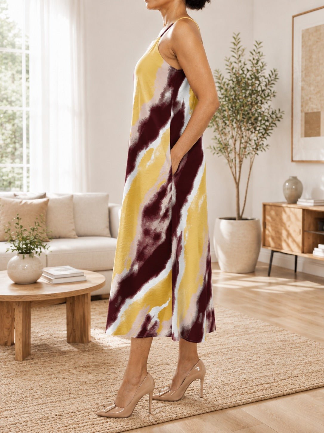 Ladies Midi Pocket Dress - Mustard And Maroon - StylePhase SA