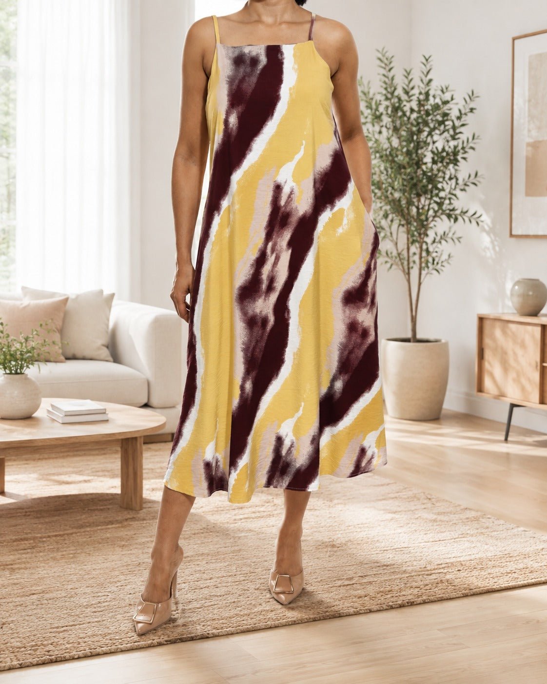 Ladies Midi Pocket Dress - Mustard And Maroon - StylePhase SA