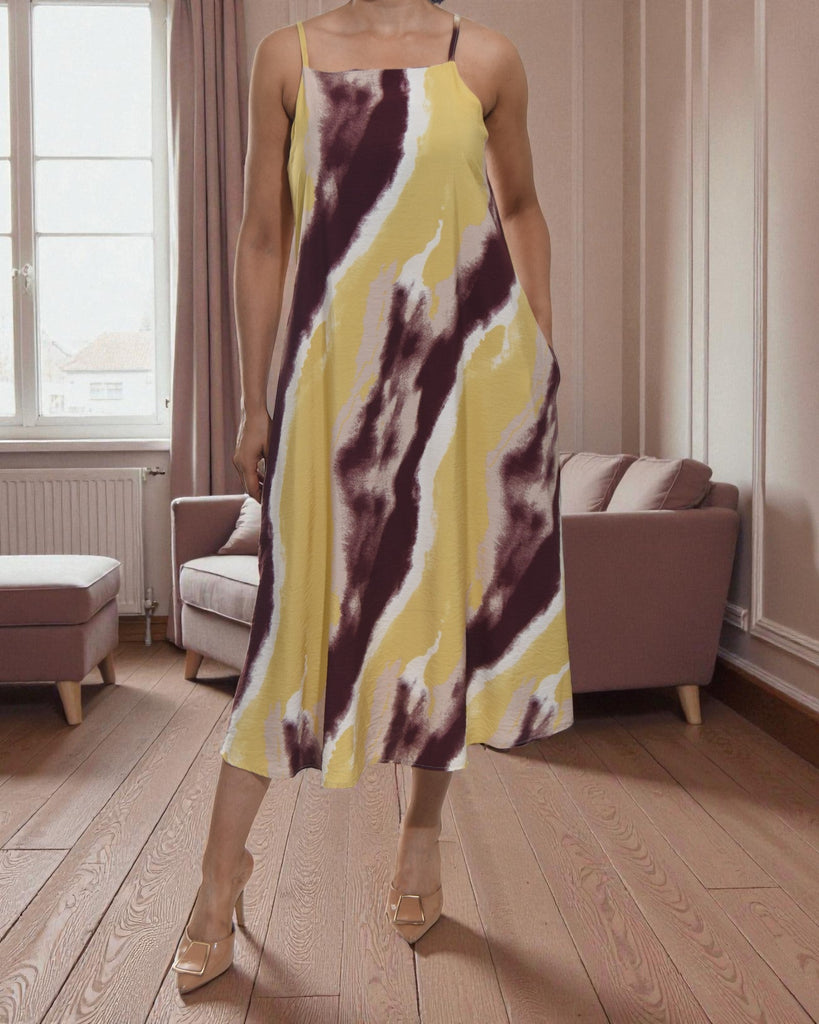 Ladies Midi Pocket Dress - Mustard And Maroon - StylePhase SA