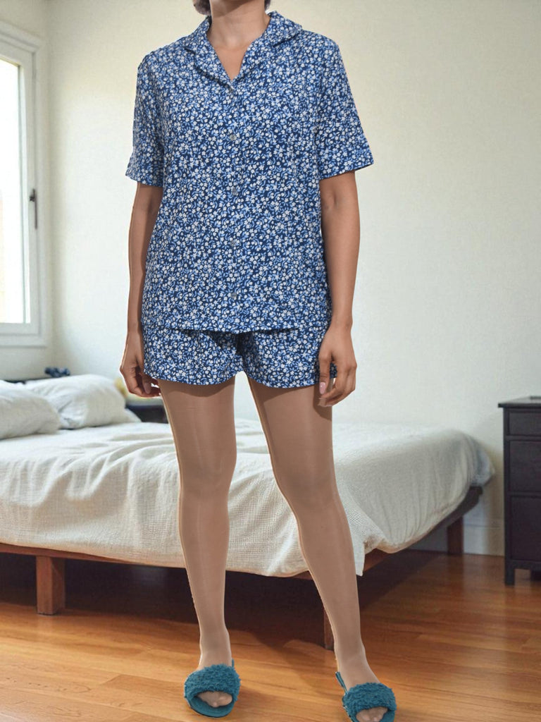 Ladies Mini Floral Button Pj Set - Blue And White - StylePhase SA