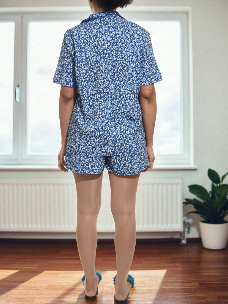 Ladies Mini Floral Button Pj Set - Blue And White - StylePhase SA