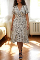 Ladies Mini Floral Wrap Dress - Cream And Black - StylePhase SA
