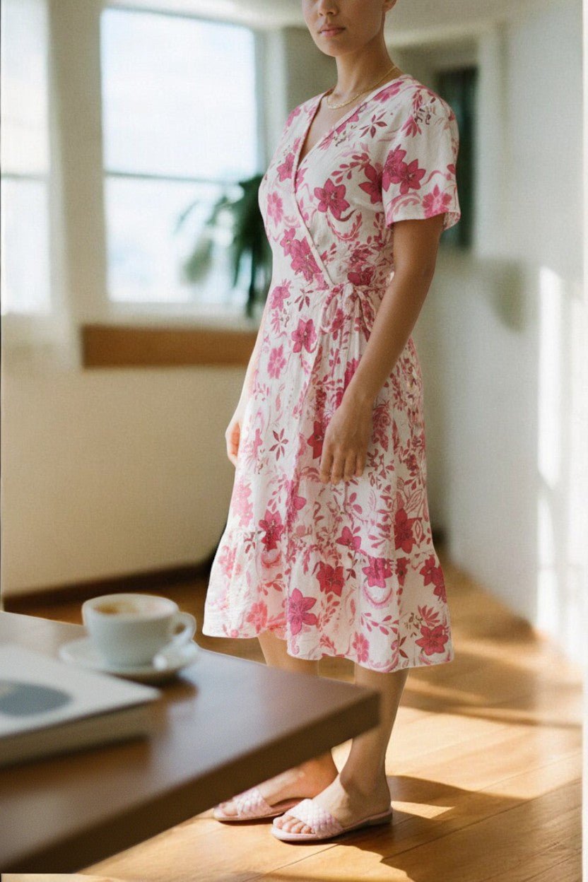 Ladies Mini Floral Wrap Dress - Pink And White - StylePhase SA