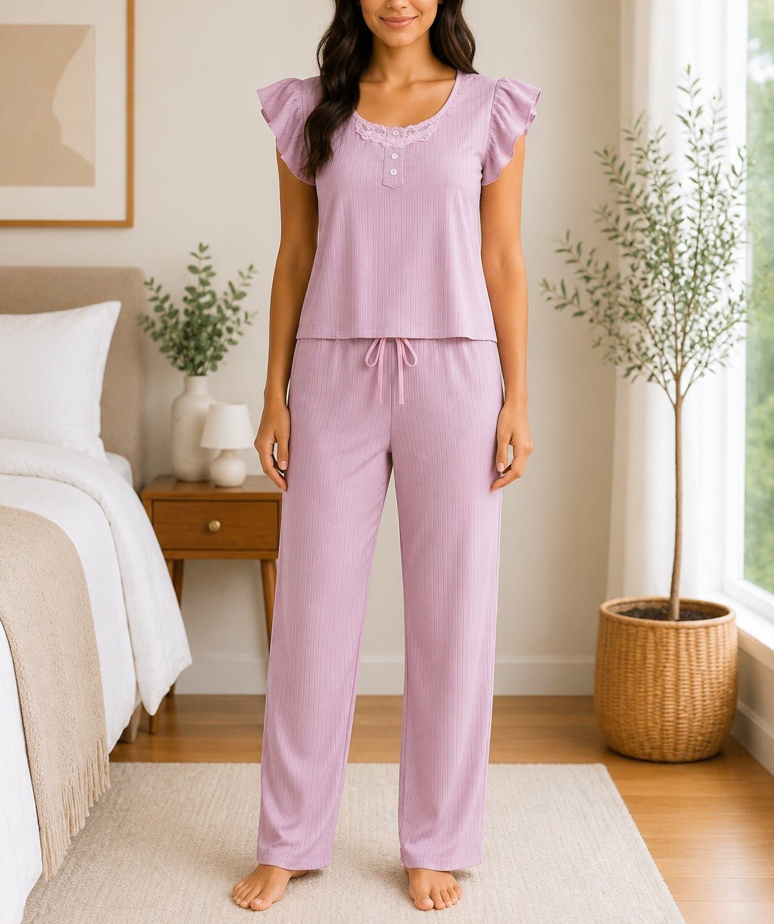 Ladies Mink Flutter Sleeves Knit Pyjama Set - StylePhase SA
