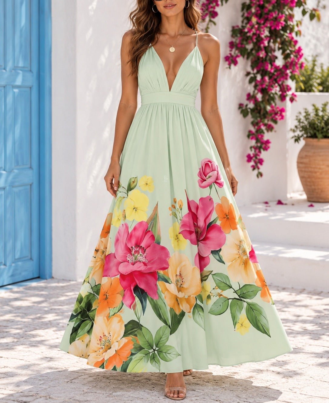 Ladies Mint Floral Deep V-Neck Maxi Dress - StylePhase SA