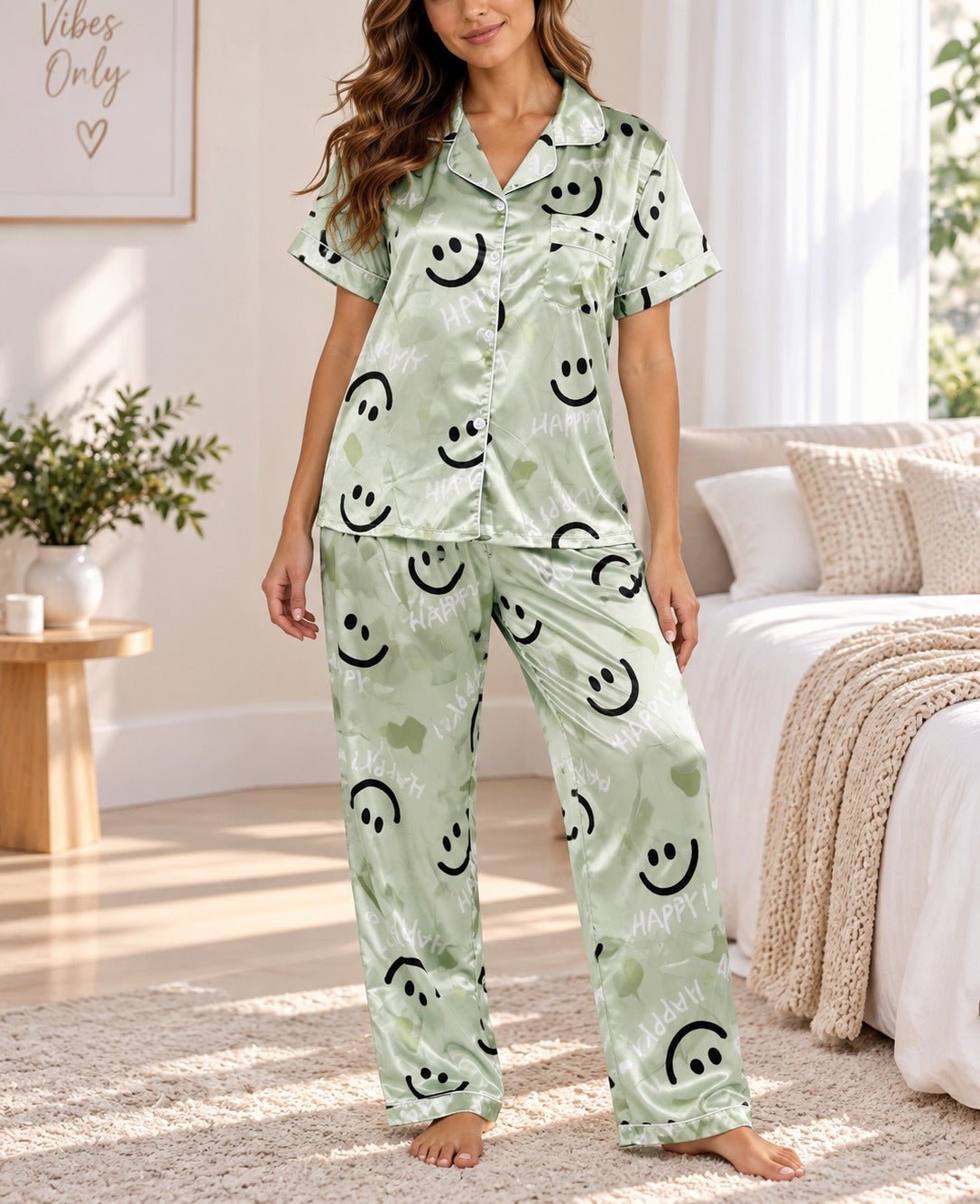 Ladies Mint Printed Satin Pajama Set - StylePhase SA