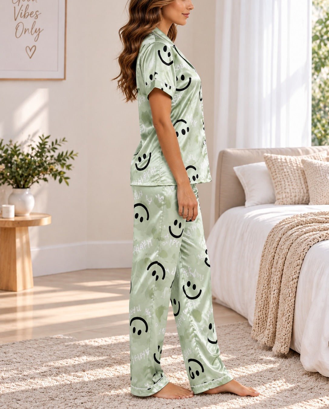 Ladies Mint Printed Satin Pajama Set - StylePhase SA