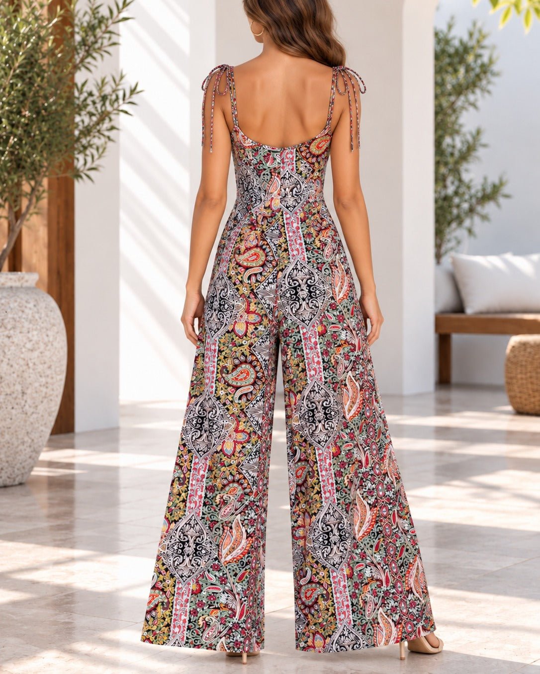 Ladies Multi Color Paisley Print Tie Strap Jumpsuit - StylePhase SA
