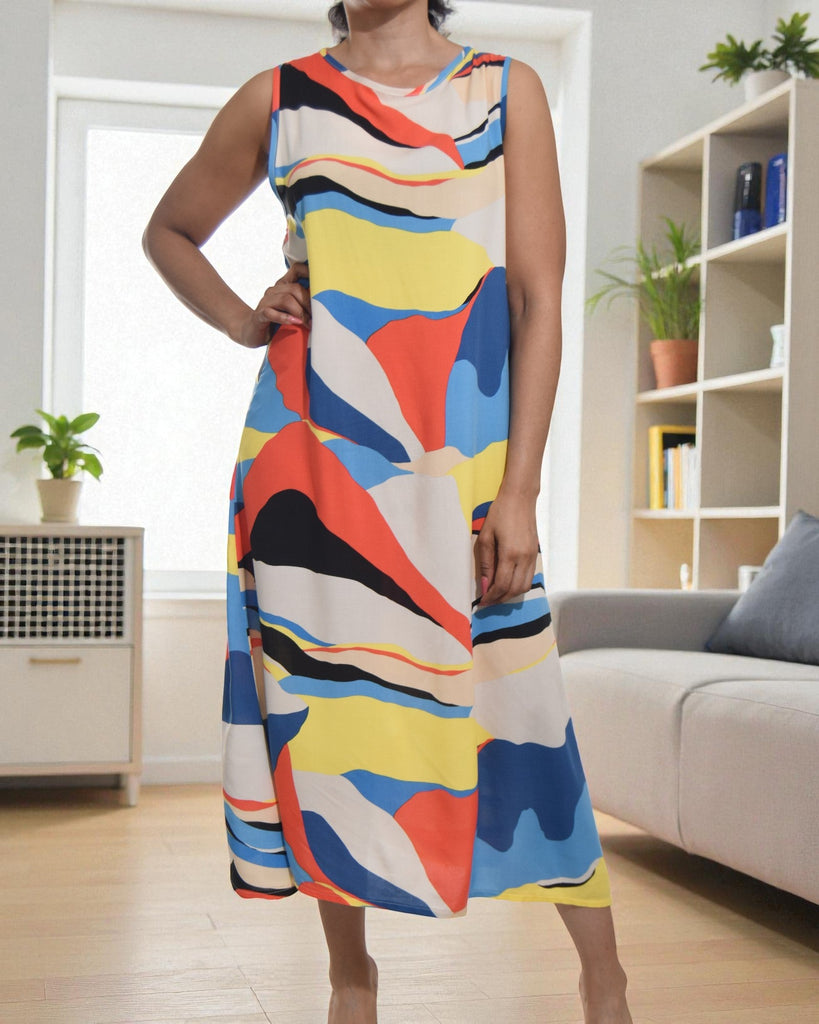 Ladies Multi Color Printed Midi Sleeveless Dress - StylePhase SA