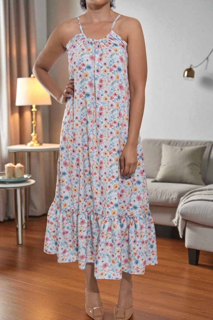 Ladies Multi Floral Strappy Ruffle End Dress - StylePhase SA
