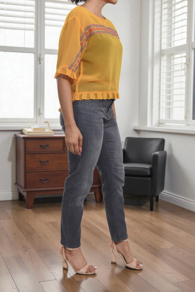 Ladies Mustard Embroidered Blouse - StylePhase SA