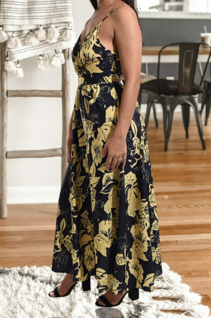 Ladies Mustard Floral Tie Back Maxi Dress - StylePhase SA