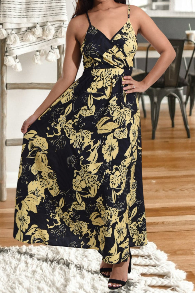 Ladies Mustard Floral Tie Back Maxi Dress - StylePhase SA