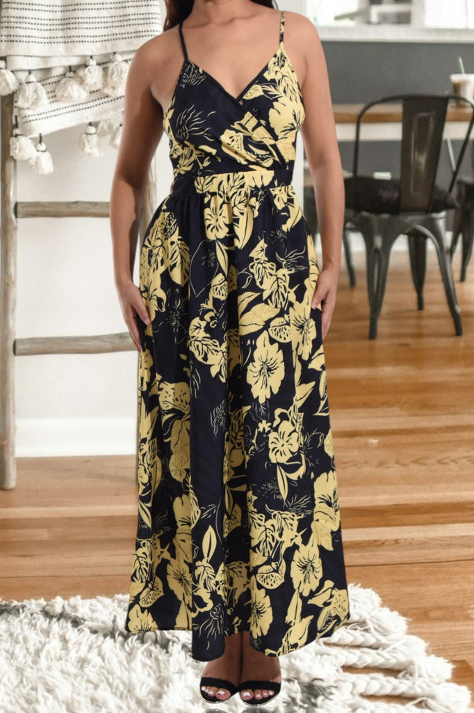 Ladies Mustard Floral Tie Back Maxi Dress - StylePhase SA