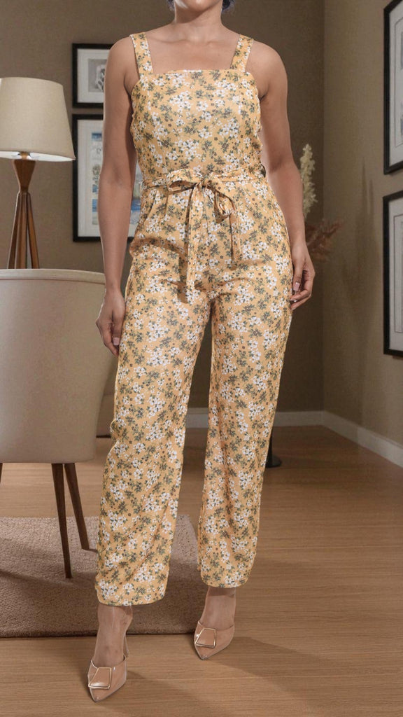 Ladies Mustard Floral Tie Front Jumpsuit - StylePhase SA