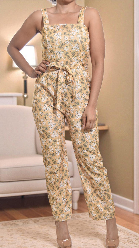 Ladies Mustard Floral Tie Front Jumpsuit - StylePhase SA