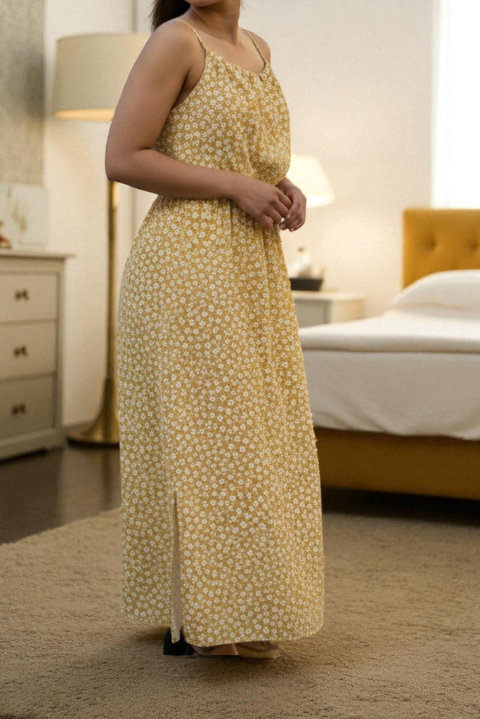 Ladies Mustard Floral Tie Front Slit Dress - StylePhase SA