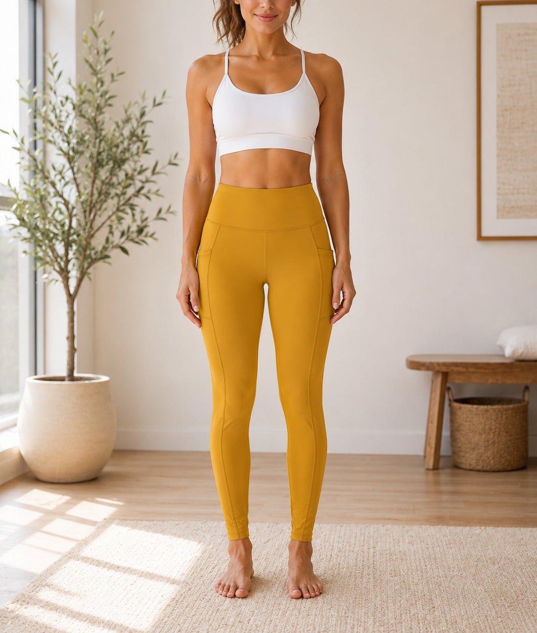 Ladies Mustard High-Waist Side Pocket Activewear Leggings - StylePhase SA