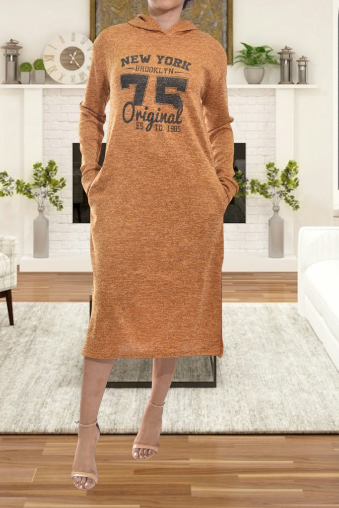 Ladies Mustard Hoody Fleece Dress - New York 75 - StylePhase SA