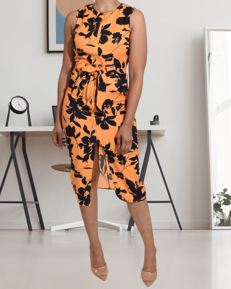 Ladies Mustard Printed Zip Front Dress - StylePhase SA