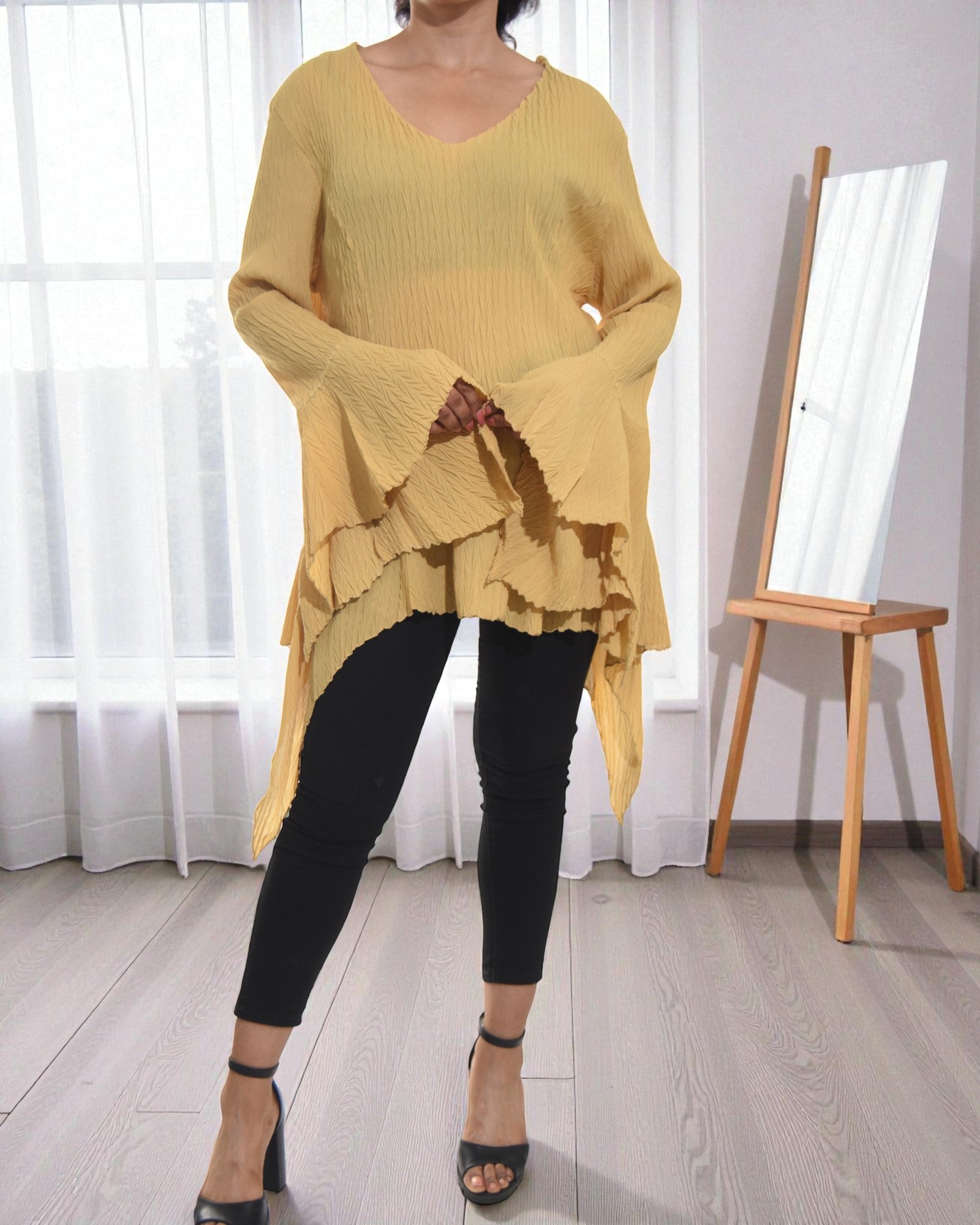 Ladies Mustard Ruffle Sleeve Top - StylePhase SA