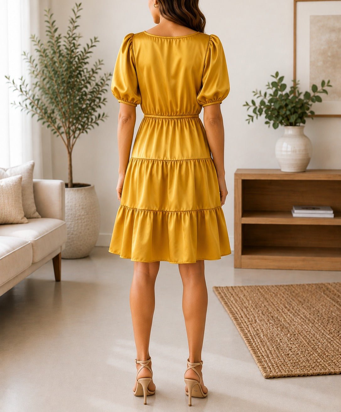 Ladies Mustard Satin Frill Tier Dress - StylePhase SA