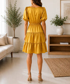 Ladies Mustard Satin Frill Tier Dress - StylePhase SA