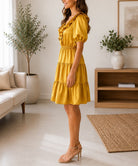 Ladies Mustard Satin Frill Tier Dress - StylePhase SA