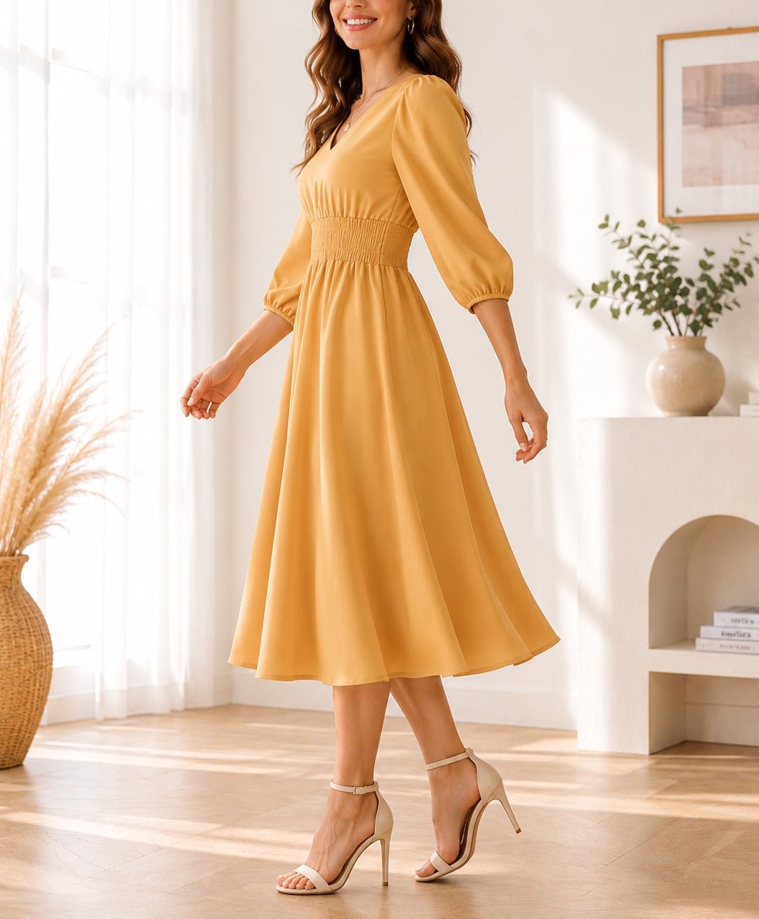 Ladies Mustard Smocked Waist Band Midi Dress - StylePhase SA